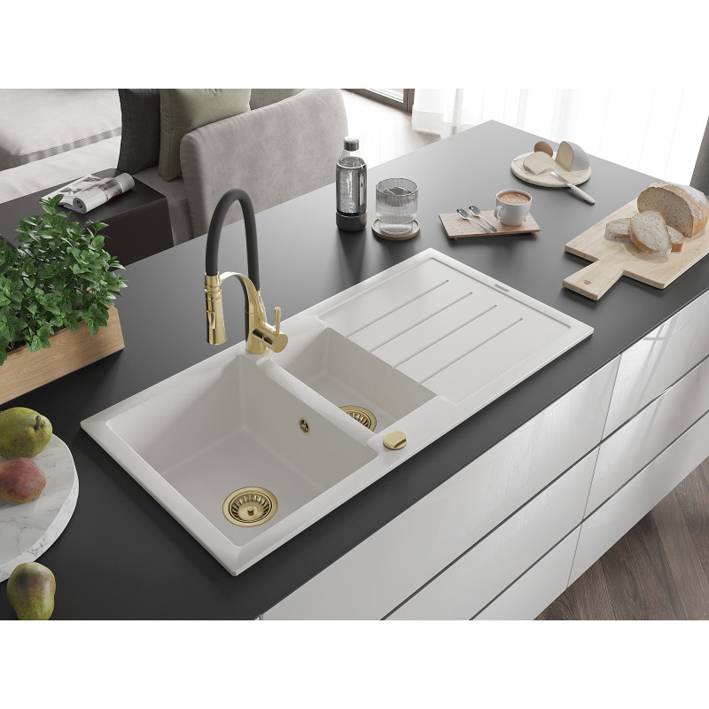 Mexen Andres granite sink 1.5-bowl with drainer and Aster kitchen faucet, white - 6515-20-73450-57-G