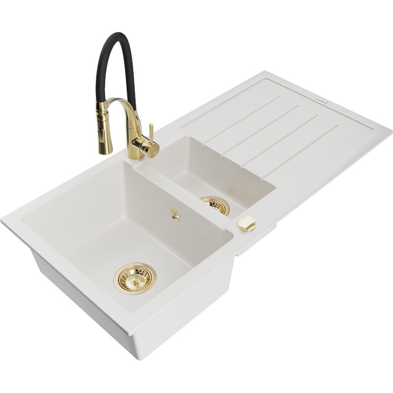 Mexen Andres 1.5-bowl granite kitchen sink with drainer and Aster kitchen faucet, white - 6515-20-73450-57-G