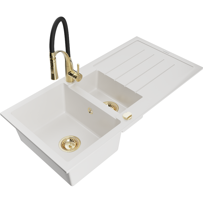 Mexen Andres 1.5-compartment granite sink with a drip tray and kitchen mixer tap Aster, White - 6515-20-73450-57-G