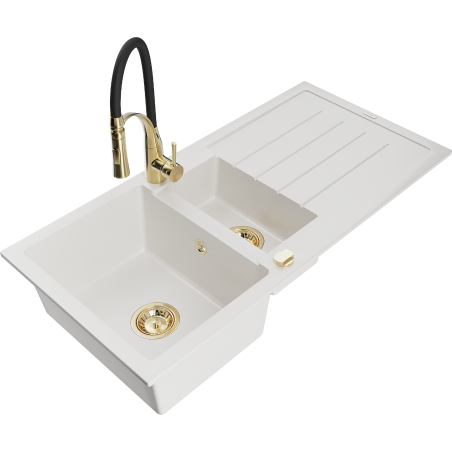 Mexen Andres 1.5-bowl granite kitchen sink with drainer and Aster kitchen faucet, white - 6515-20-73450-57-G