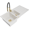 Mexen Andres 1.5-bowl granite kitchen sink with drainer and Aster kitchen faucet, white - 6515-20-73450-57-G