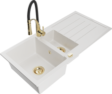 Mexen Andres 1.5-bowl granite kitchen sink with drainer and Aster kitchen faucet, white - 6515-20-73450-57-G