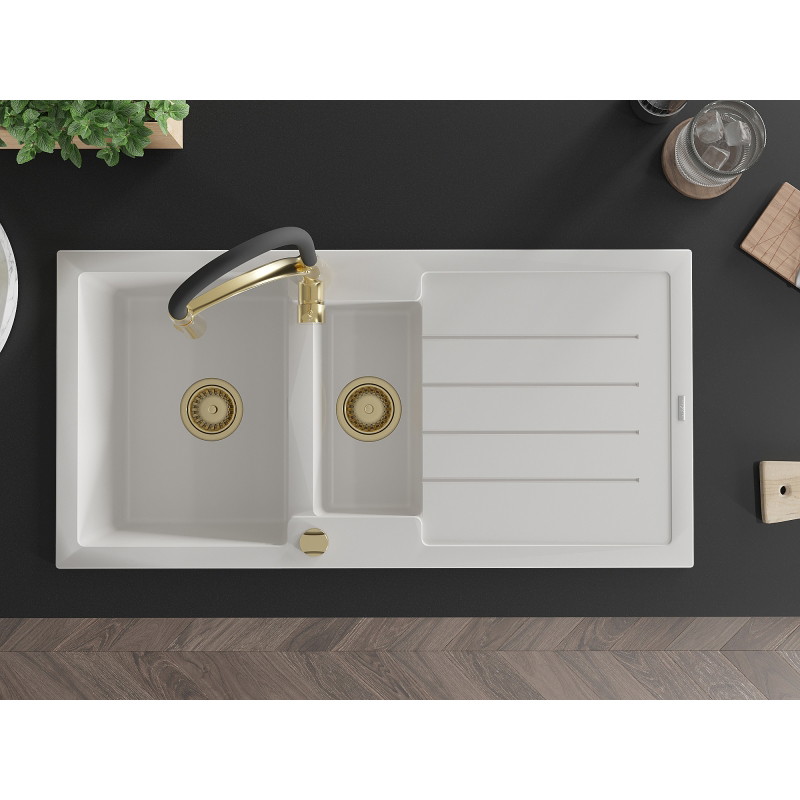 Mexen Andres 1.5-bowl granite kitchen sink with drainer and Aster kitchen faucet, white - 6515-20-73450-57-G