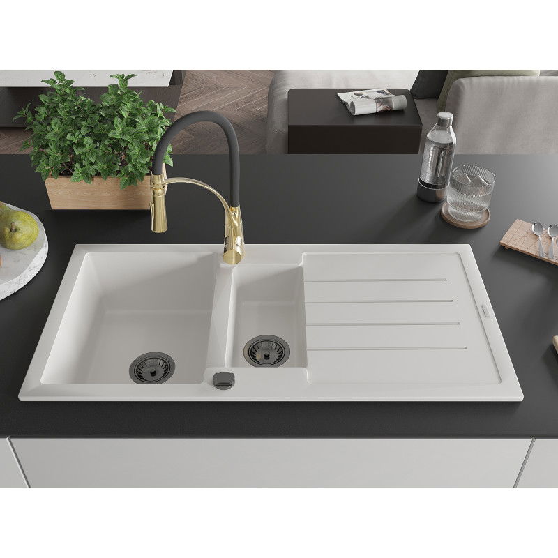 Mexen Andres 1.5-bowl granite sink with drainer and Aster kitchen tap, white - 6515-20-73450-57-B