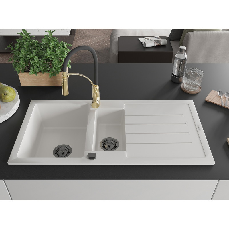 Mexen Andres granite sink 1.5-bowl with drainer and Aster kitchen faucet, white - 6515-20-73450-57-B