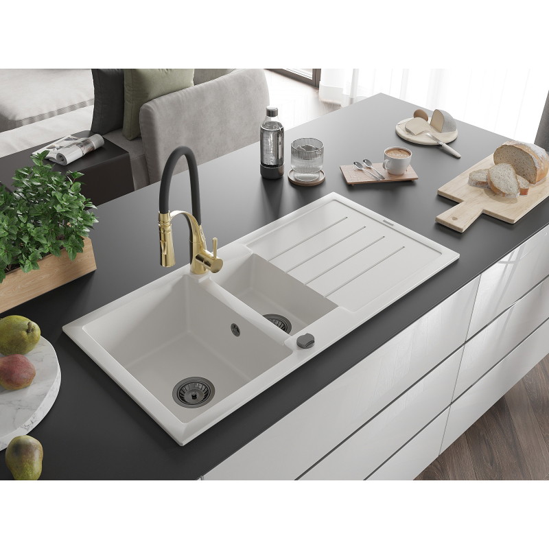 Mexen Andres granite sink 1.5-bowl with drainer and Aster kitchen faucet, white - 6515-20-73450-57-B