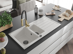Mexen Andres 1.5-compartment granite sink with a drip tray and kitchen mixer tap Aster, White - 6515-20-73450-57-B