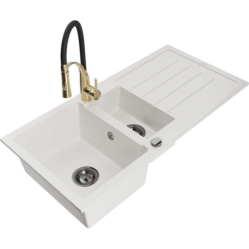 Mexen Andres 1.5-compartment granite sink with a drip tray and kitchen mixer tap Aster, White - 6515-20-73450-57-B