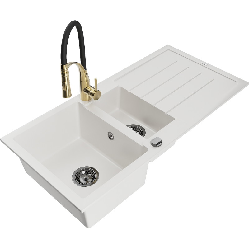 Mexen Andres granite sink 1.5-bowl with drainer and Aster kitchen faucet, white - 6515-20-73450-57-B