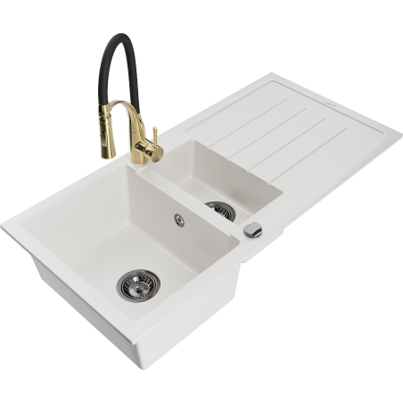 Mexen Andres 1.5-Bowl Granite Sink with Drainer and Aster Kitchen Faucet, White - 6515-20-73450-57-B