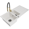 Mexen Andres 1.5-Bowl Granite Sink with Drainer and Aster Kitchen Faucet, White - 6515-20-73450-57-B