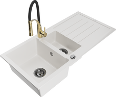 Mexen Andres 1.5-Bowl Granite Sink with Drainer and Aster Kitchen Faucet, White - 6515-20-73450-57-B