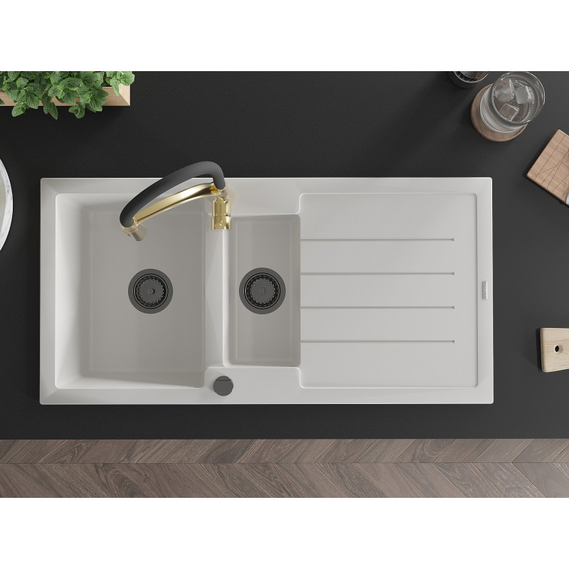 Mexen Andres 1.5-Bowl Granite Sink with Drainer and Aster Kitchen Faucet, White - 6515-20-73450-57-B