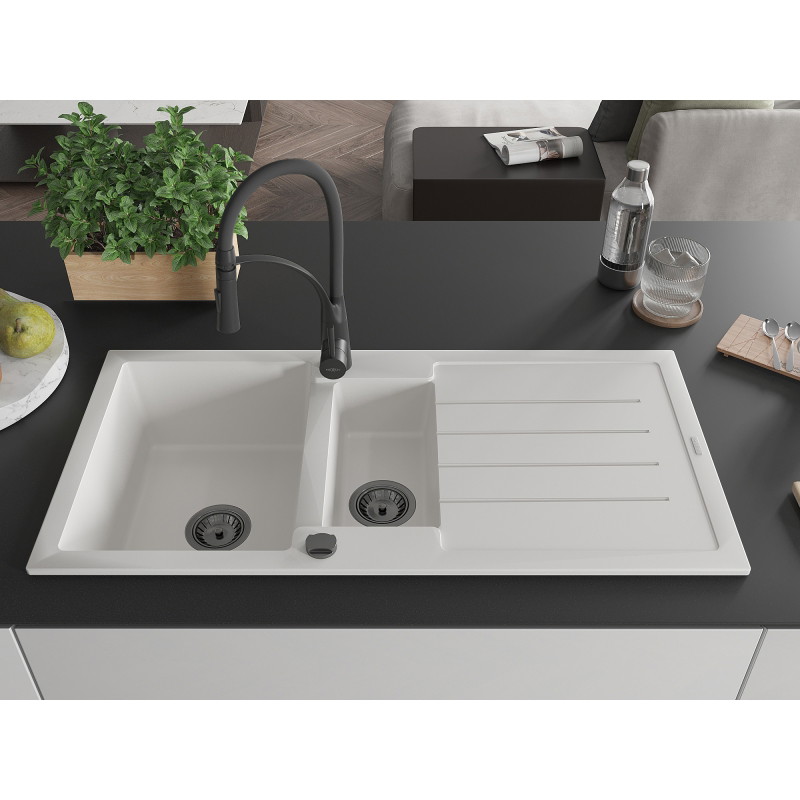 Mexen Andres granite sink 1.5-bowl with drainer and Aster kitchen faucet, white - 6515-20-73450-70-B