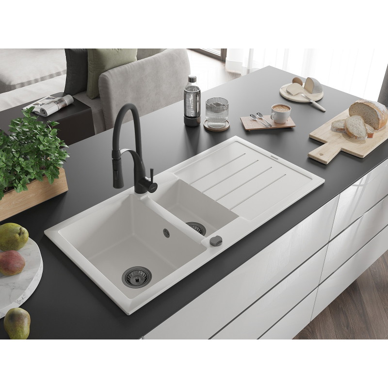 Mexen Andres granite sink 1.5-bowl with drainer and Aster kitchen faucet, white - 6515-20-73450-70-B