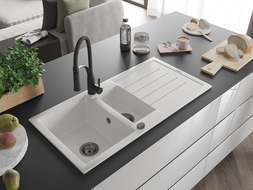 Mexen Andres granite sink 1.5-bowl with drainer and Aster kitchen tap, white - 6515-20-73450-70-B