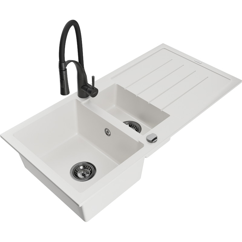 Mexen Andres granite sink 1.5-bowl with drainer and Aster kitchen faucet, white - 6515-20-73450-70-B