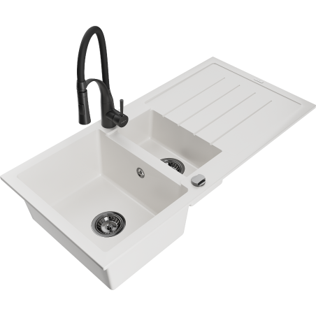 Mexen Andres granite sink 1.5-bowl with drainer and Aster kitchen faucet, white - 6515-20-73450-70-B