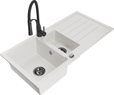Mexen Andres granite sink 1.5-bowl with drainer and Aster kitchen tap, white - 6515-20-73450-70-B
