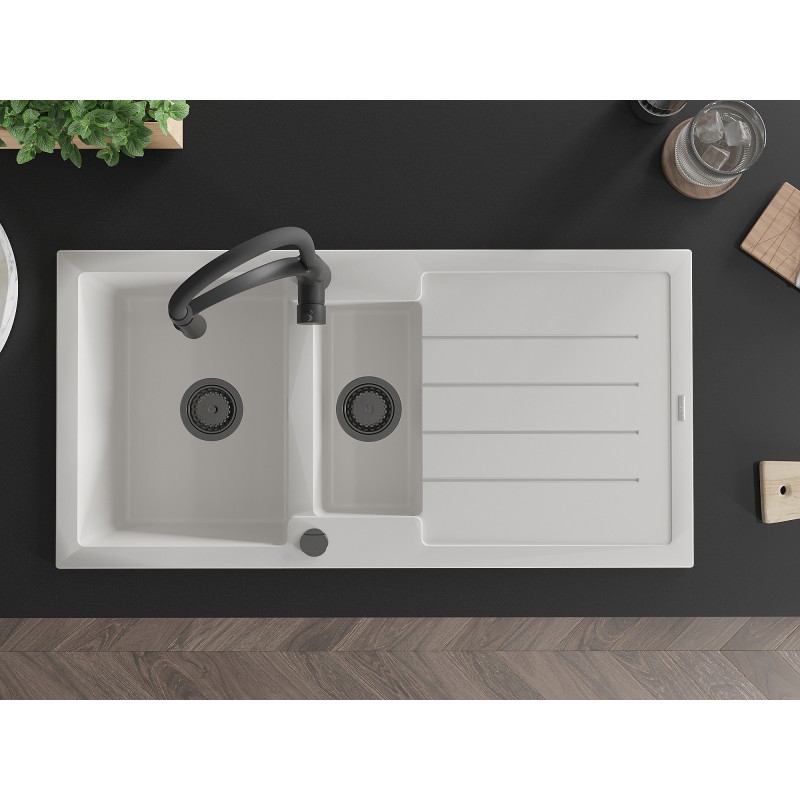 Mexen Andres granite sink 1.5-bowl with drainer and Aster kitchen faucet, white - 6515-20-73450-70-B