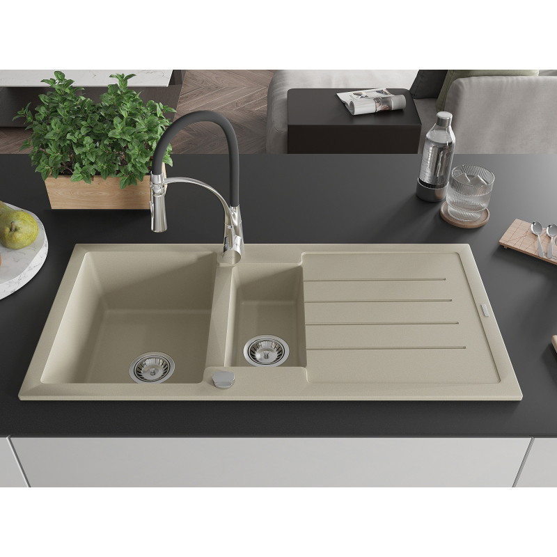 Mexen Andres granite sink 1.5-bowl with drainer and Aster kitchen faucet, beige - 6515-69-73450-07