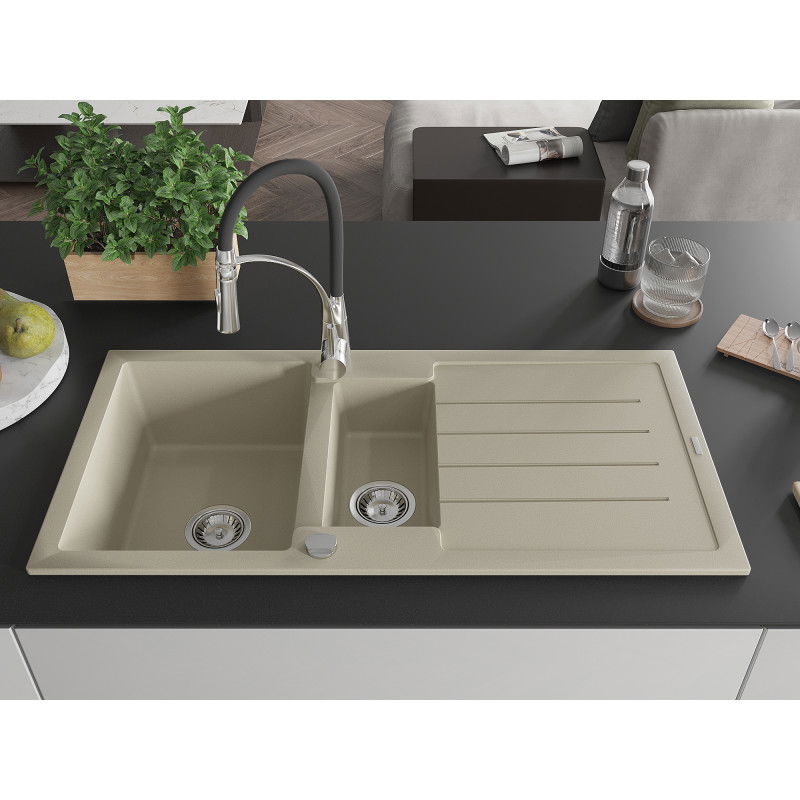 Mexen Andres granite sink 1.5-bowl with drainer and Aster kitchen tap, beige - 6515-69-73450-07