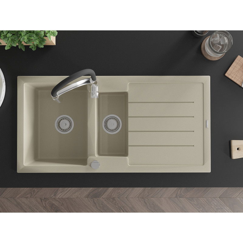 Mexen Andres granite sink 1.5-bowl with drainer and Aster kitchen tap, beige - 6515-69-73450-07