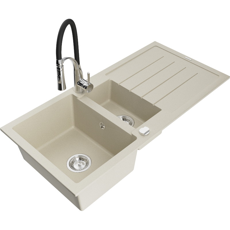 Mexen Andres granite sink 1.5-bowl with drainer and Aster kitchen faucet, beige - 6515-69-73450-07