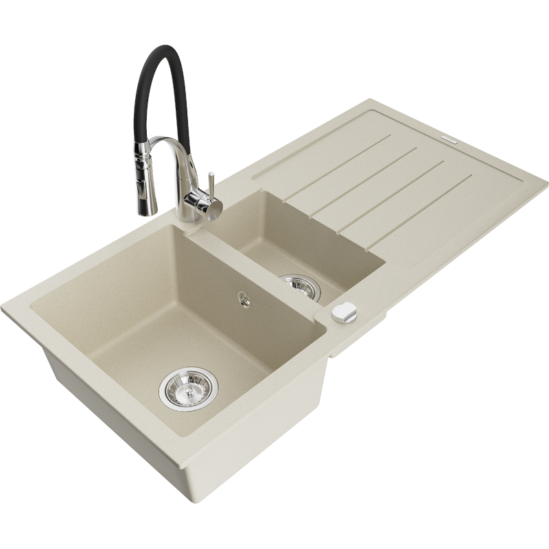 Mexen Andres granite sink 1.5-bowl with drainer and Aster kitchen tap, beige - 6515-69-73450-07