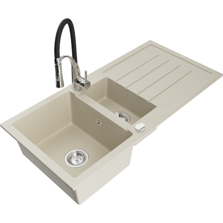Mexen Andres granite sink 1.5-bowl with drainer and Aster kitchen faucet, beige - 6515-69-73450-07