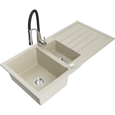 Mexen Andres granite sink 1.5-bowl with drainer and Aster kitchen tap, beige - 6515-69-73450-07
