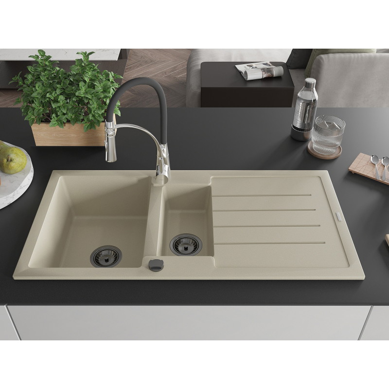 Mexen Andres 1.5-bowl granite sink with drainer and Aster kitchen faucet, beige - 6515-69-73450-07-B