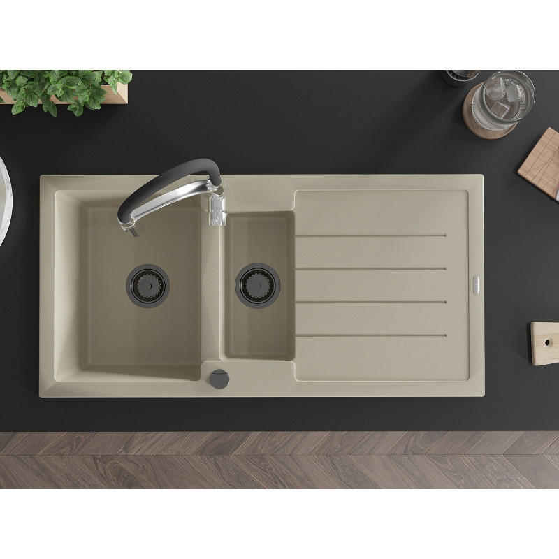 Mexen Andres 1.5-bowl granite sink with drainer and Aster kitchen faucet, beige - 6515-69-73450-07-B