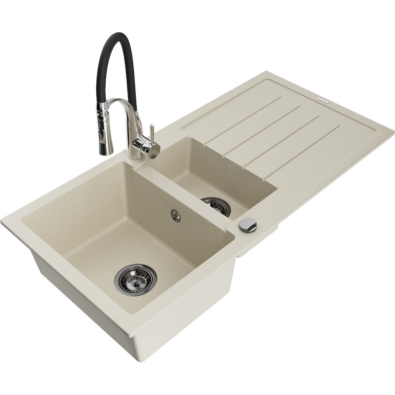Mexen Andres 1.5-bowl granite sink with drainer and Aster kitchen faucet, beige - 6515-69-73450-07-B