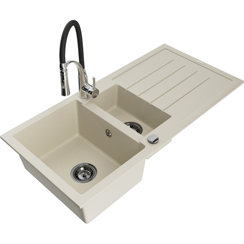 Mexen Andres 1.5-bowl granite sink with drainer and Aster kitchen tap, beige - 6515-69-73450-07-B