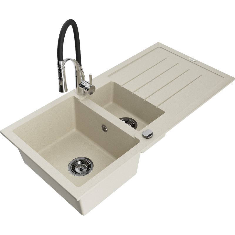 Mexen Andres 1.5-compartment granite sink with a drip tray and kitchen mixer tap Aster, Beige - 6515-69-73450-07-B