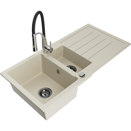 Mexen Andres 1.5-bowl granite sink with drainer and Aster kitchen tap, beige - 6515-69-73450-07-B