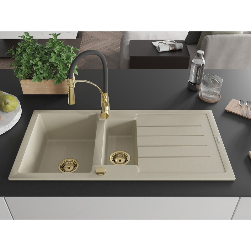 Mexen Andres 1.5-bowl granite sink with drainer and Aster kitchen faucet, beige - 6515-69-73450-57-G