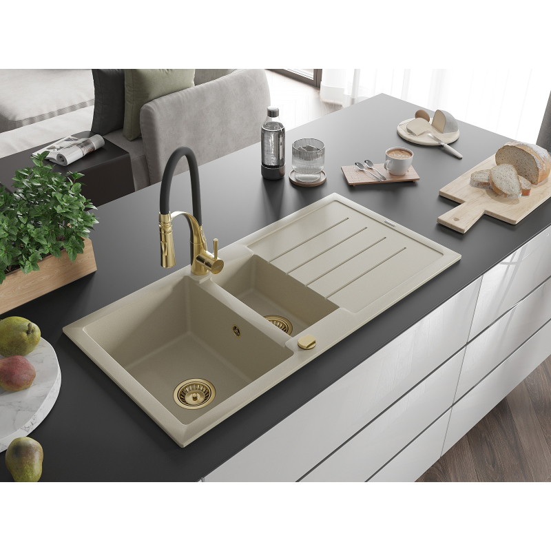 Mexen Andres 1.5-bowl granite sink with drainer and Aster kitchen faucet, beige - 6515-69-73450-57-G