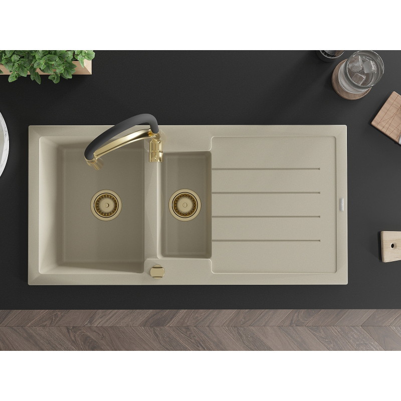 Mexen Andres 1.5-bowl granite sink with drainer and Aster kitchen faucet, beige - 6515-69-73450-57-G