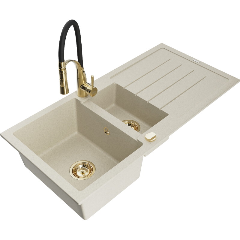 Mexen Andres 1.5-bowl granite sink with drainer and Aster kitchen faucet, beige - 6515-69-73450-57-G