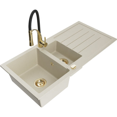 Mexen Andres 1.5-bowl granite sink with drainer and Aster kitchen faucet, beige - 6515-69-73450-57-G