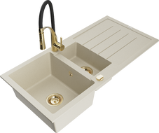 Mexen Andres 1.5-compartment granite sink with a drip tray and kitchen mixer tap Aster, Beige - 6515-69-73450-57-G