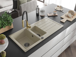 Mexen Andres granite sink 1.5-bowl with drainer and Aster kitchen faucet, beige - 6515-69-73450-57-B