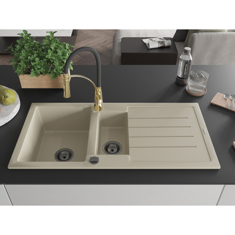 Mexen Andres granite sink 1.5-bowl with drainer and Aster kitchen faucet, beige - 6515-69-73450-57-B