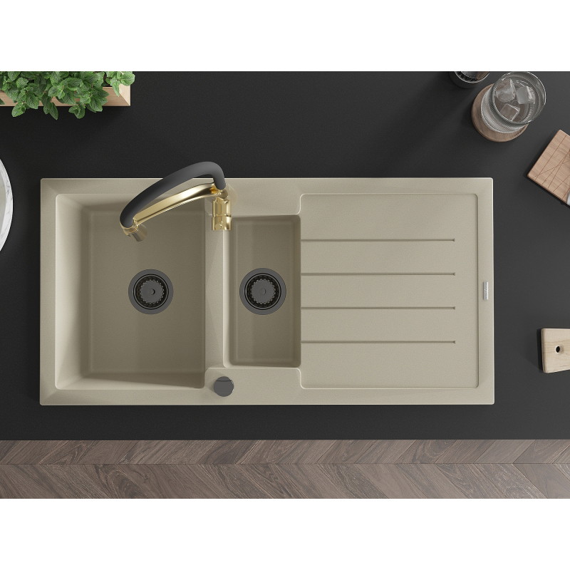 Mexen Andres granite sink 1.5-bowl with drainer and Aster kitchen faucet, beige - 6515-69-73450-57-B