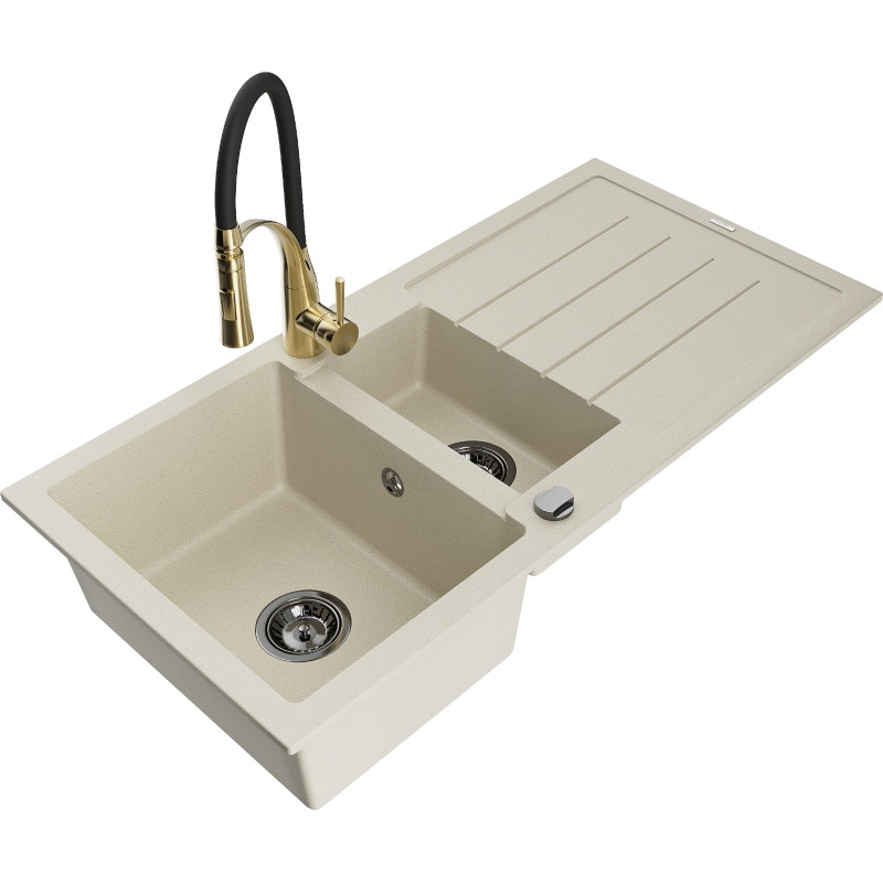 Mexen Andres granite sink 1.5-bowl with drainer and Aster kitchen faucet, beige - 6515-69-73450-57-B
