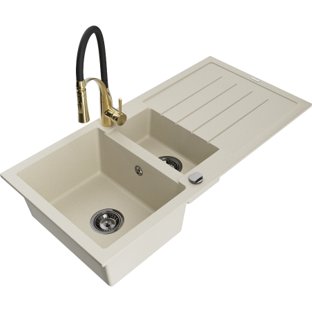 Mexen Andres granit sink 1.5-bowl with drainer and Aster kitchen faucet, beige - 6515-69-73450-57-B