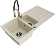 Mexen Andres 1.5-compartment granite sink with a drip tray and kitchen mixer tap Aster, Beige - 6515-69-73450-57-B