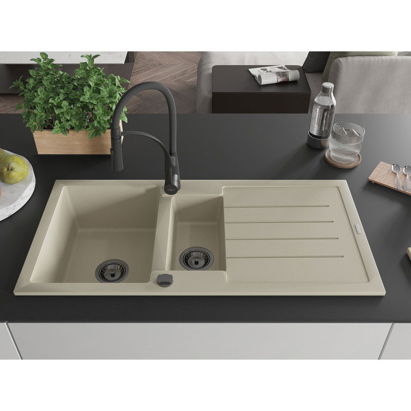 Mexen Andres granite sink 1.5-bowl with drainer and Aster kitchen tap, beige - 6515-69-73450-70-B